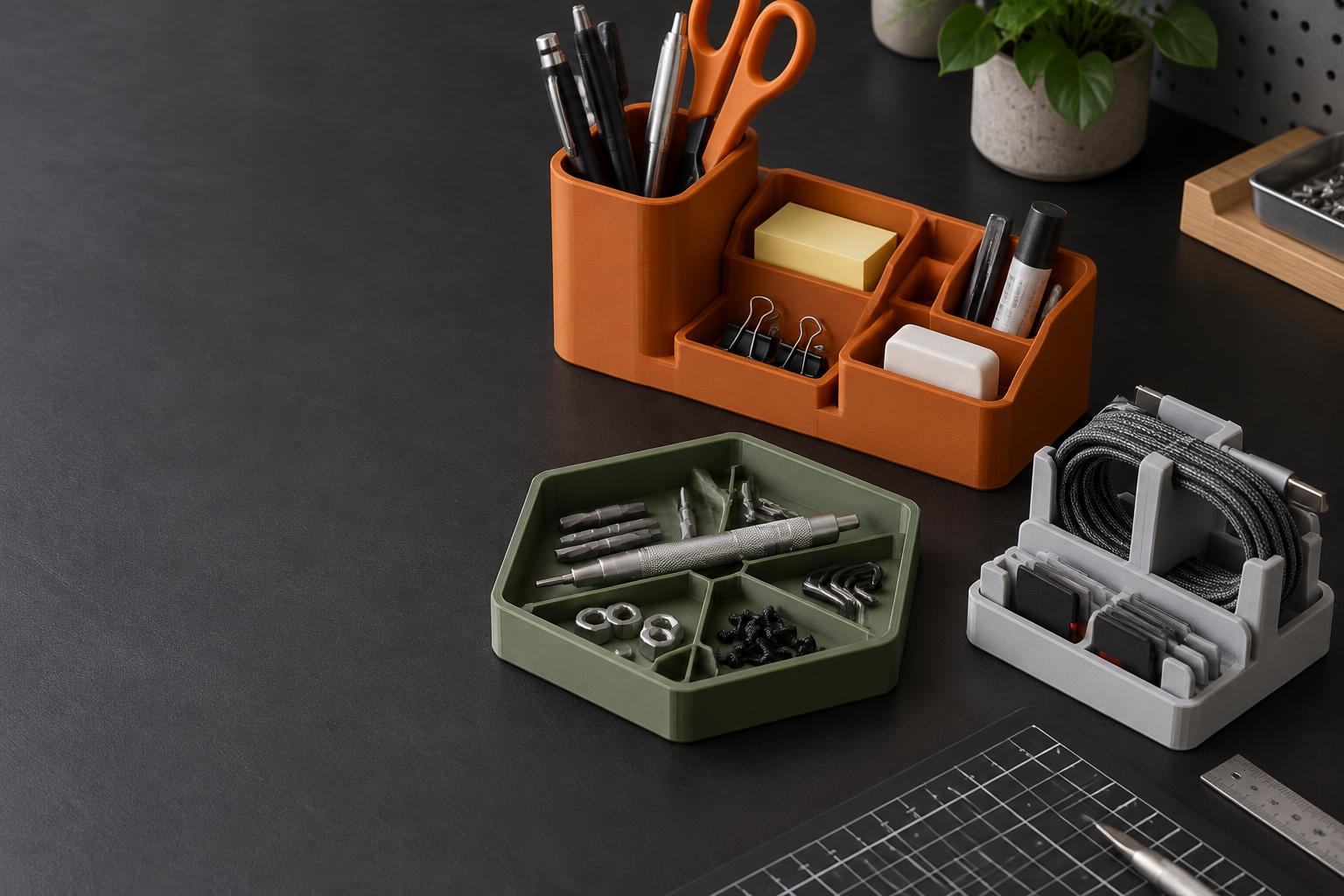Exemplos ilustrativos de organizadores impressos em 3D para mesa, ferramentas e cabos